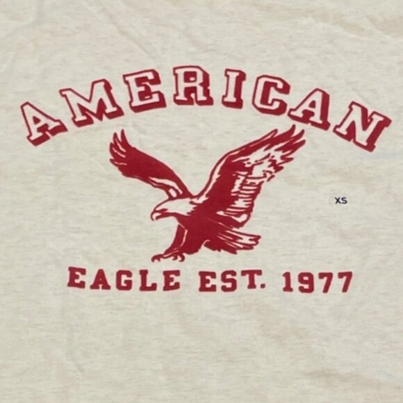 NWOT American Eagle Sz XS Felted Logo Graphic Tee Long Sleeve Cream Oatmeal - Picture 3 of 8